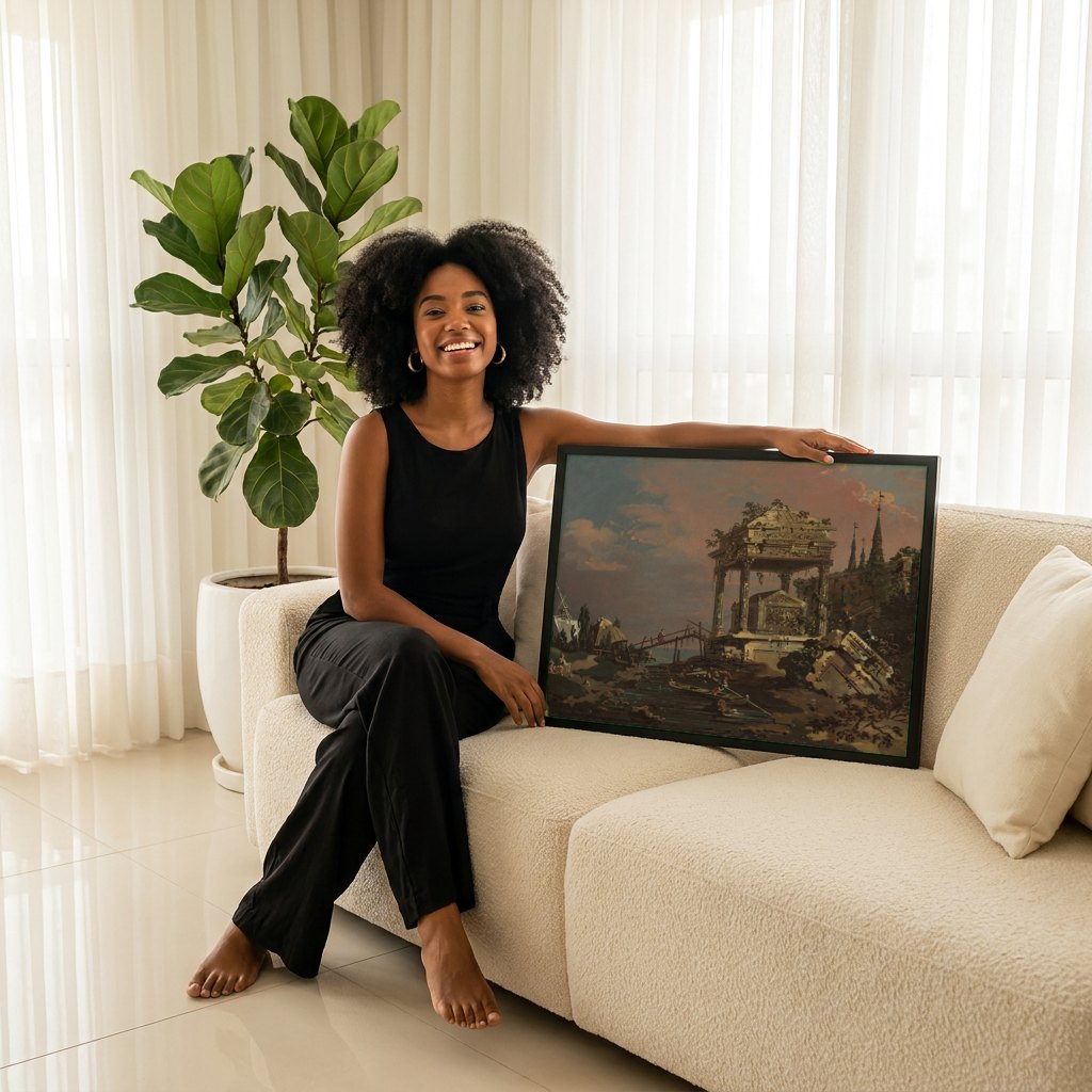Quadro Decorativo Ruínas com Pirâmide e Barcos - Canaletto | modelo apresentando o quadro emoldurado