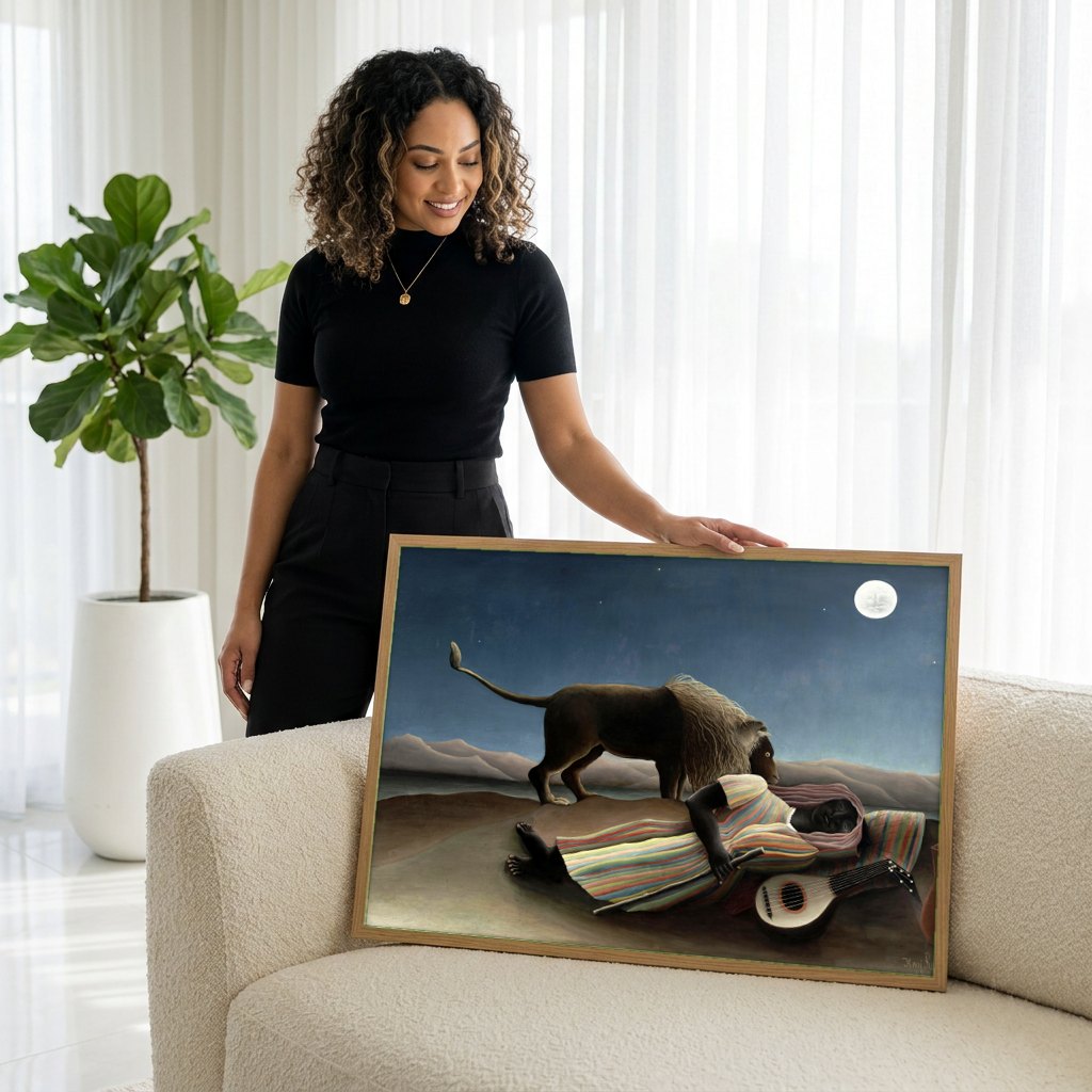 Quadro Decorativo A Cigana Adormecida - Henri Rousseau | modelo apresentando o quadro emoldurado