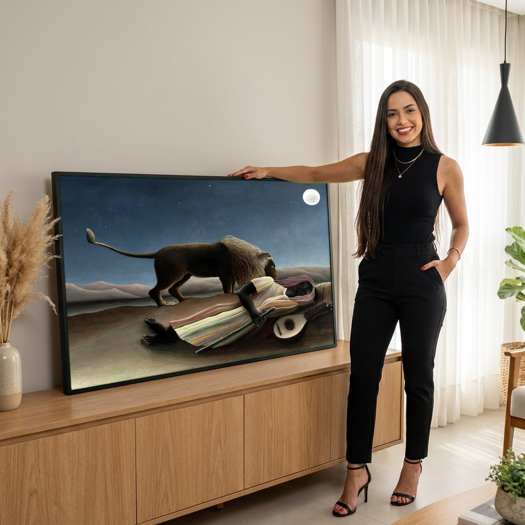 Quadro Decorativo A Cigana Adormecida - Henri Rousseau | modelo apresentando o quadro emoldurado