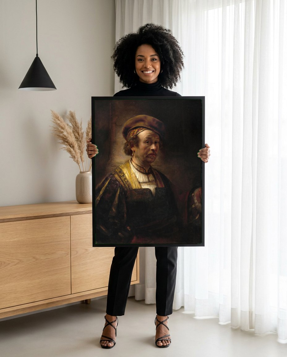 Quadro Decorativo Autorretrato com Barrete e Colar - Rembrandt | modelo apresentando o quadro emoldurado