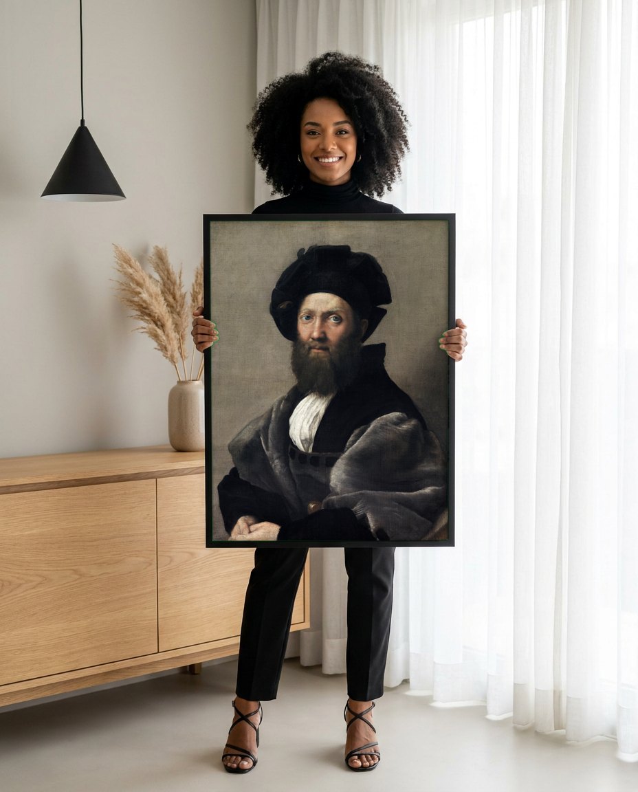 Quadro Decorativo Retrato de Baldassare Castiglione - Rafael | modelo apresentando o quadro emoldurado