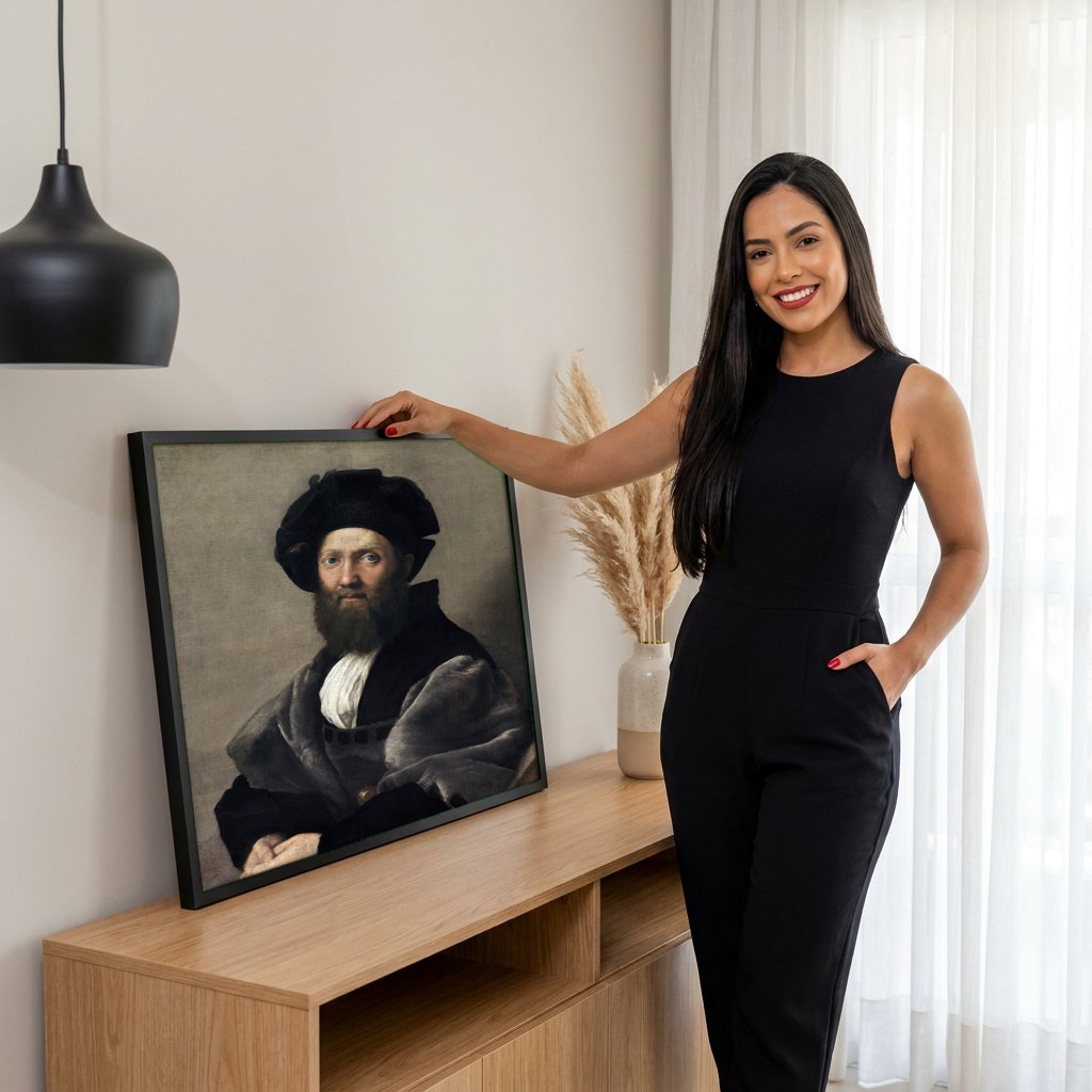 Quadro Decorativo Retrato de Baldassare Castiglione - Rafael | modelo apresentando o quadro emoldurado