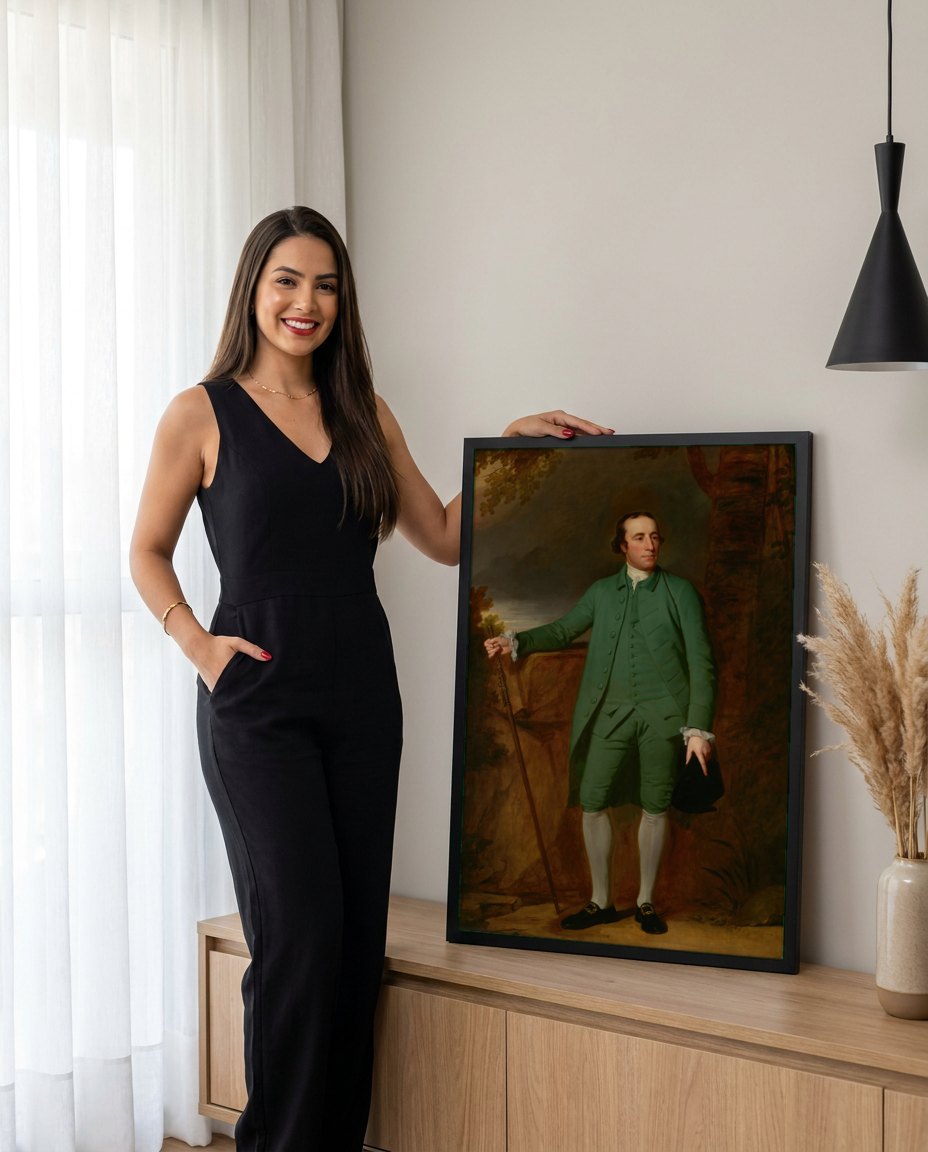 Quadro Decorativo Retrato de Homem em Verde - George Romney | modelo apresentando o quadro emoldurado