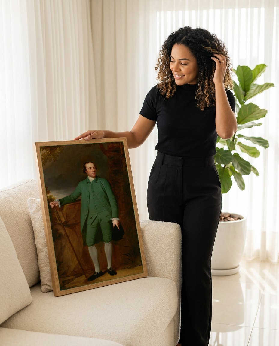 Quadro Decorativo Retrato de Homem em Verde - George Romney | modelo apresentando o quadro emoldurado