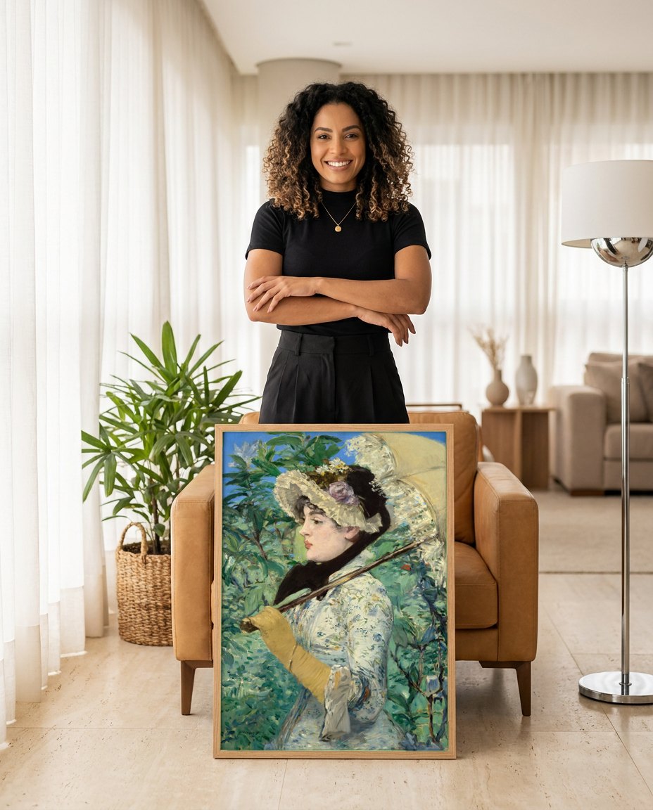 Quadro Decorativo A Dama com Sombrinha - Edouard Manet | modelo apresentando o quadro emoldurado