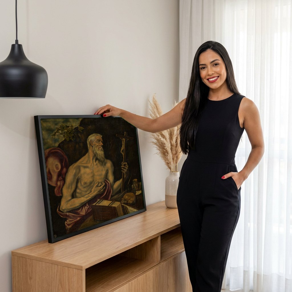 Quadro Decorativo São Jerônimo Penitente - El Greco | modelo apresentando o quadro emoldurado