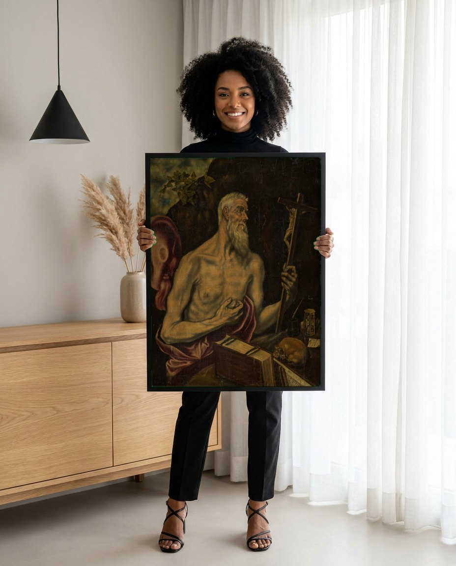 Quadro Decorativo São Jerônimo Penitente - El Greco | modelo apresentando o quadro emoldurado