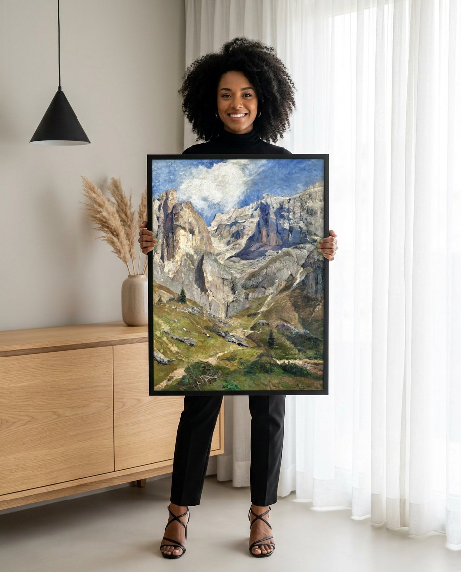 Quadro Decorativo Paisagem Alpina - Marie Egner | modelo apresentando o quadro emoldurado