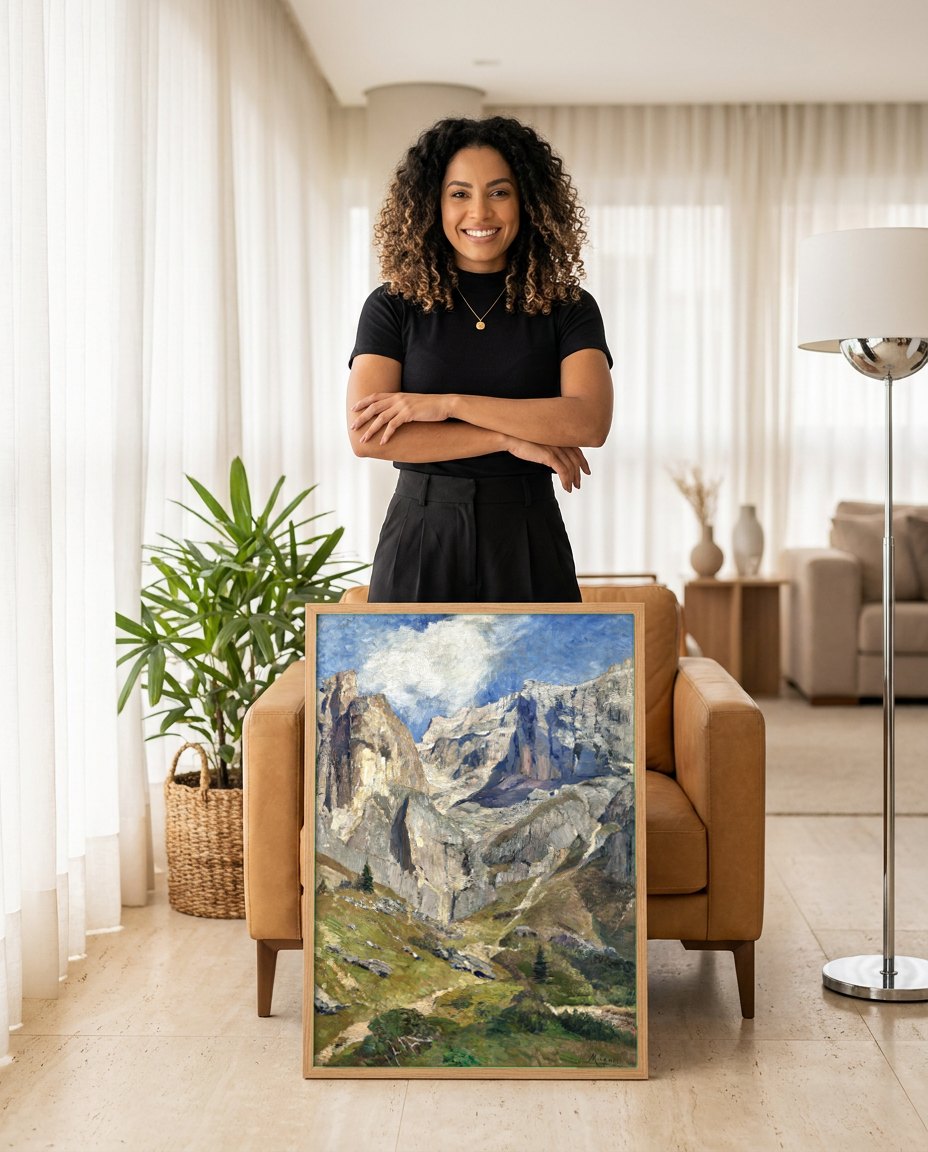 Quadro Decorativo Paisagem Alpina - Marie Egner | modelo apresentando o quadro emoldurado