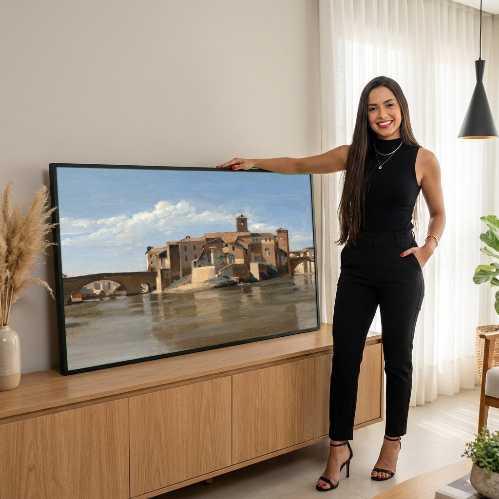 Quadro Decorativo A Ponte e o Castelo de Santo Ângelo - Corot | modelo apresentando o quadro emoldurado