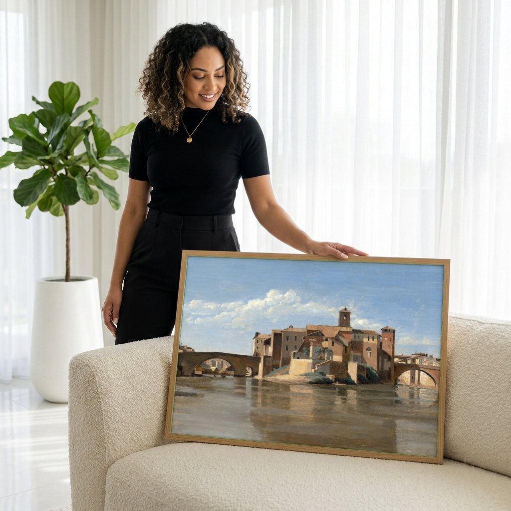 Quadro Decorativo A Ponte e o Castelo de Santo Ângelo - Corot | modelo apresentando o quadro emoldurado