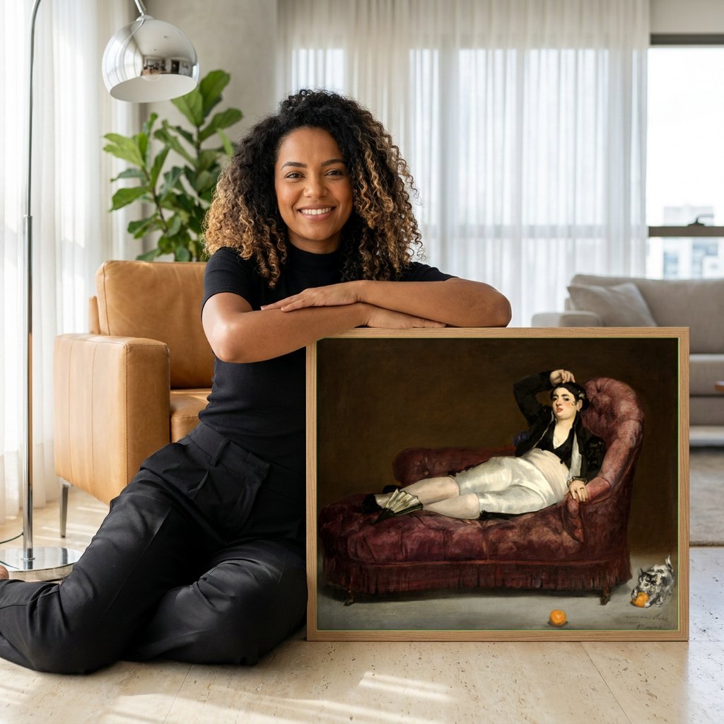 Quadro Decorativo A Filósofa (Retrato de Mme. Manet) - Manet | modelo apresentando o quadro emoldurado