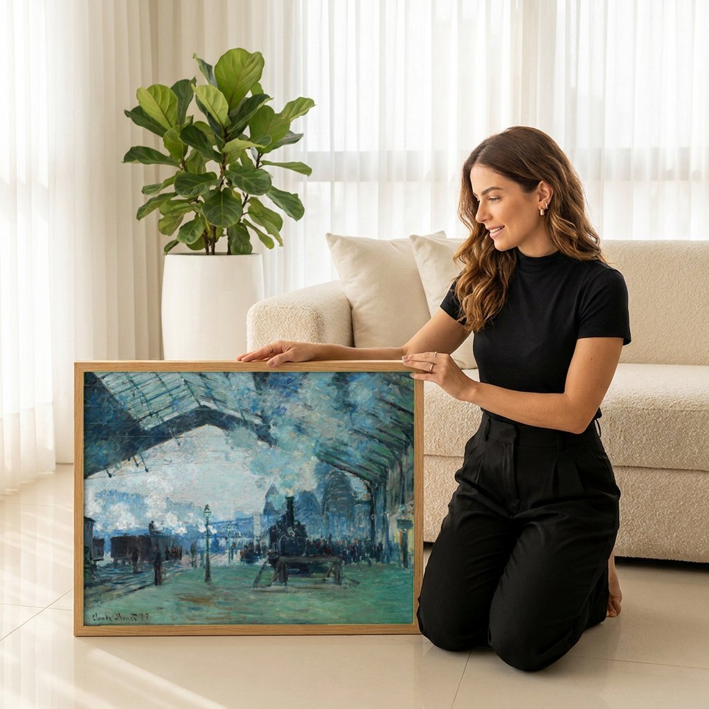 Quadro Decorativo A Estação Saint-Lazare - Claude Monet | modelo apresentando o quadro emoldurado
