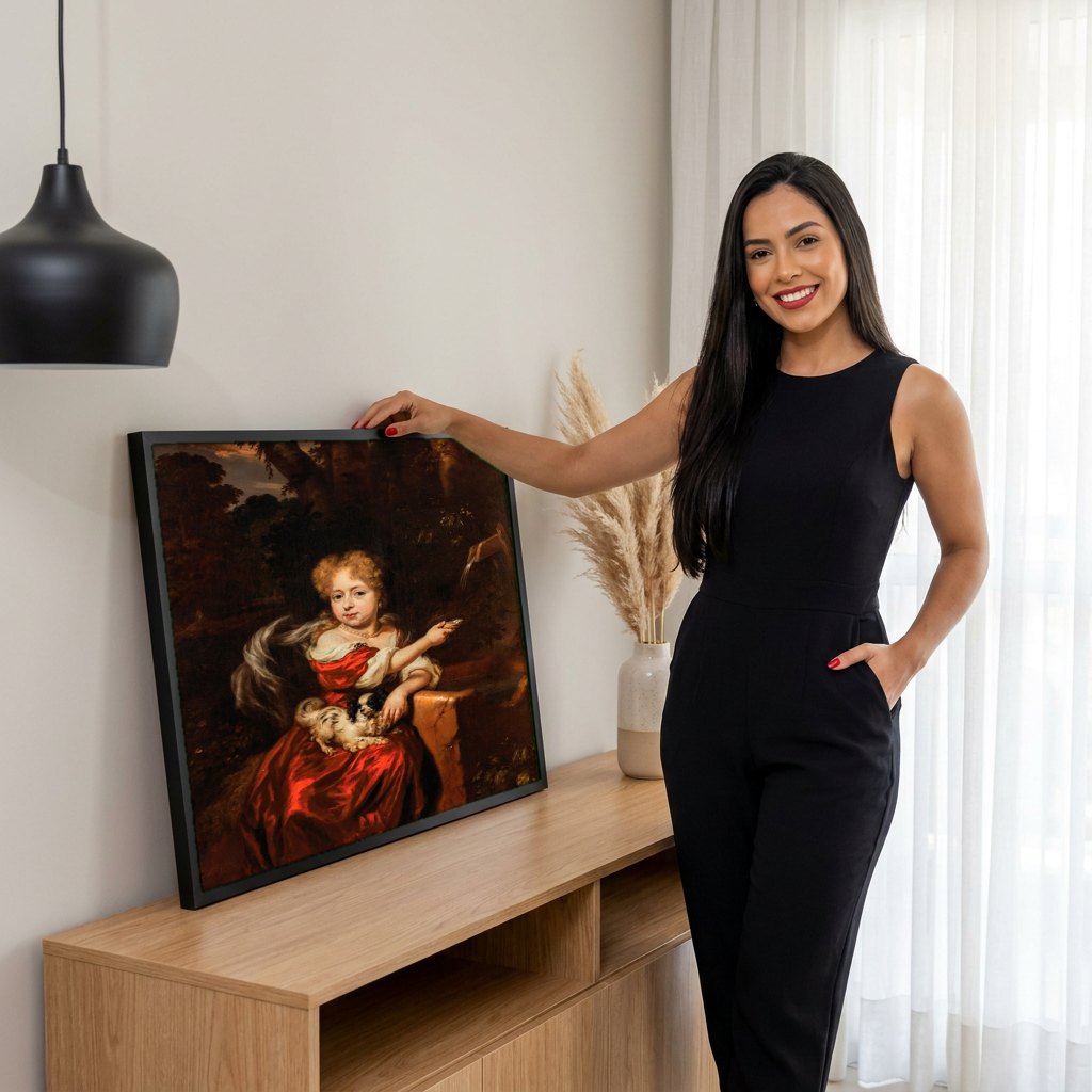 Quadro Decorativo A Menina do Vestido Vermelho - Nicolaes Maes | modelo apresentando o quadro emoldurado