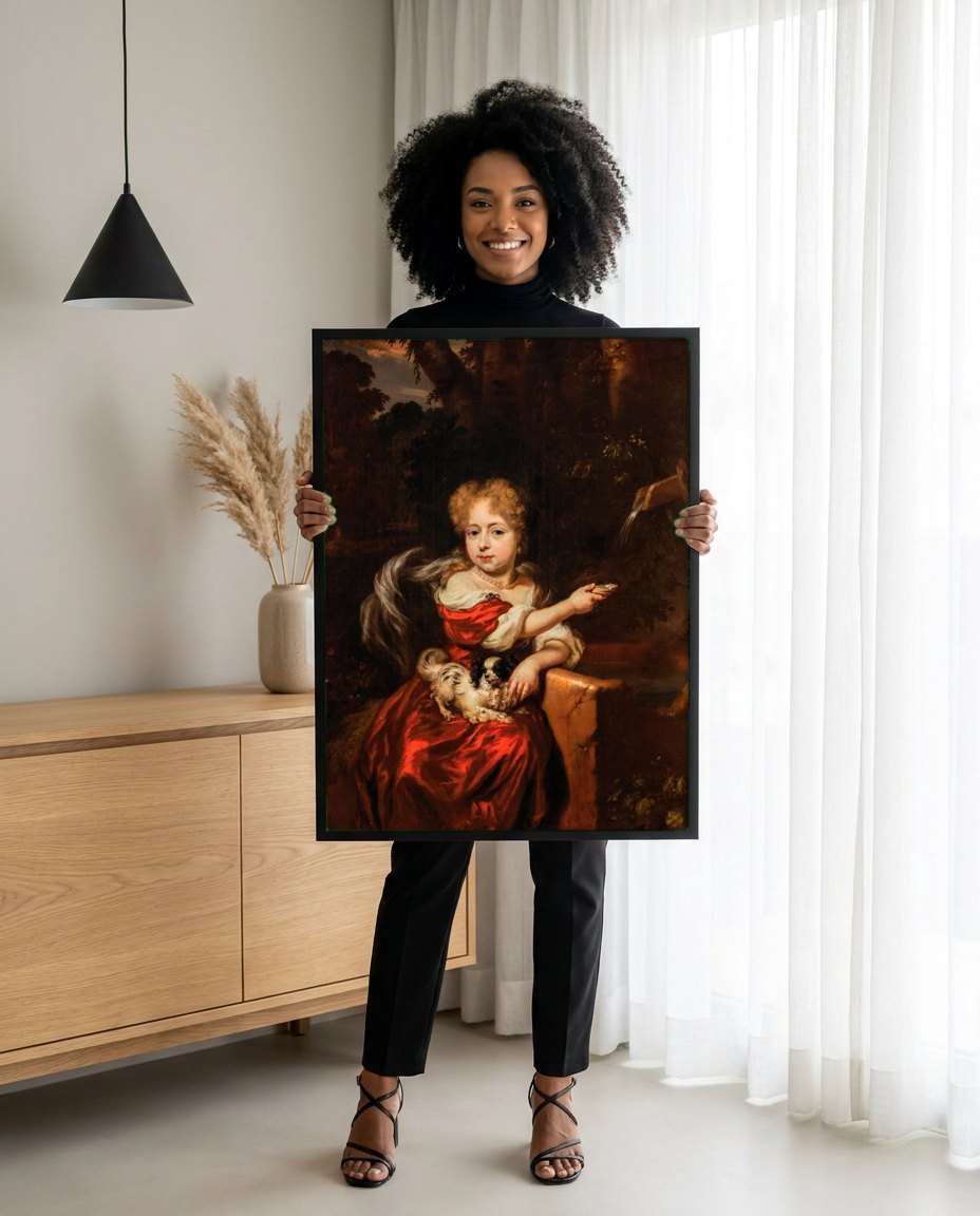 Quadro Decorativo A Menina do Vestido Vermelho - Nicolaes Maes | modelo apresentando o quadro emoldurado