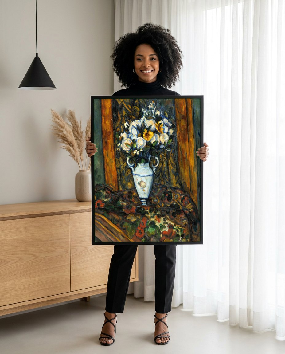 Quadro Decorativo Vaso de Flores - Paul Cézanne | modelo apresentando o quadro emoldurado