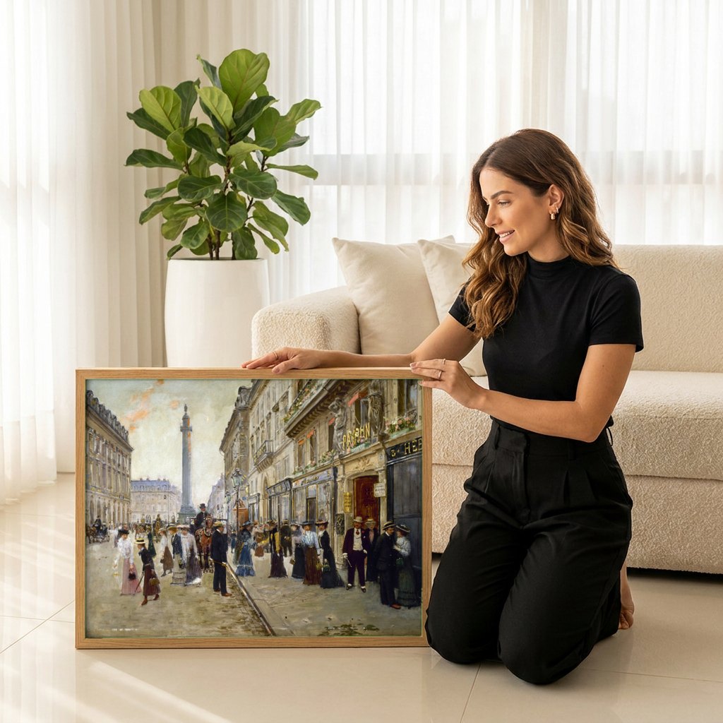 Quadro Decorativo Cena Urbana Parisiense - Jean Béraud | modelo apresentando o quadro emoldurado