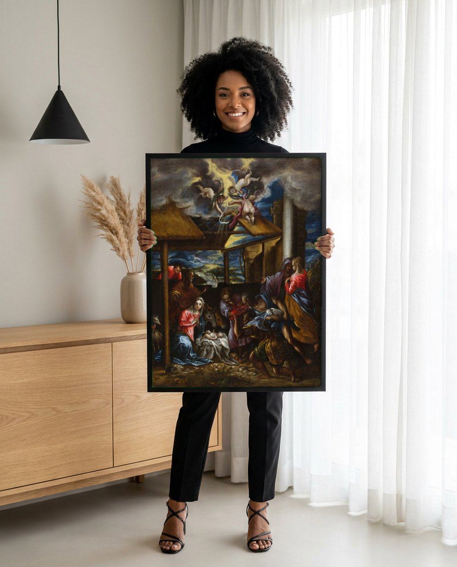 Quadro Decorativo A Adoração dos Pastores - El Greco | modelo apresentando o quadro emoldurado