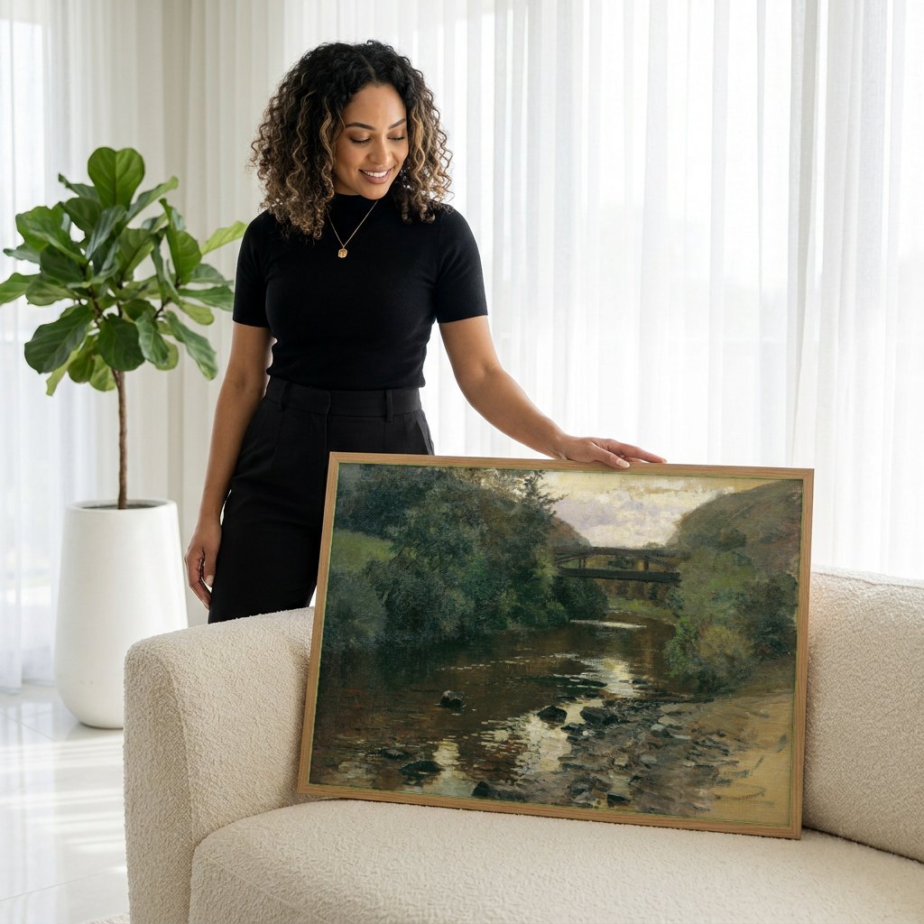 Quadro Decorativo Rio na Floresta - Marie Egner | modelo apresentando o quadro emoldurado