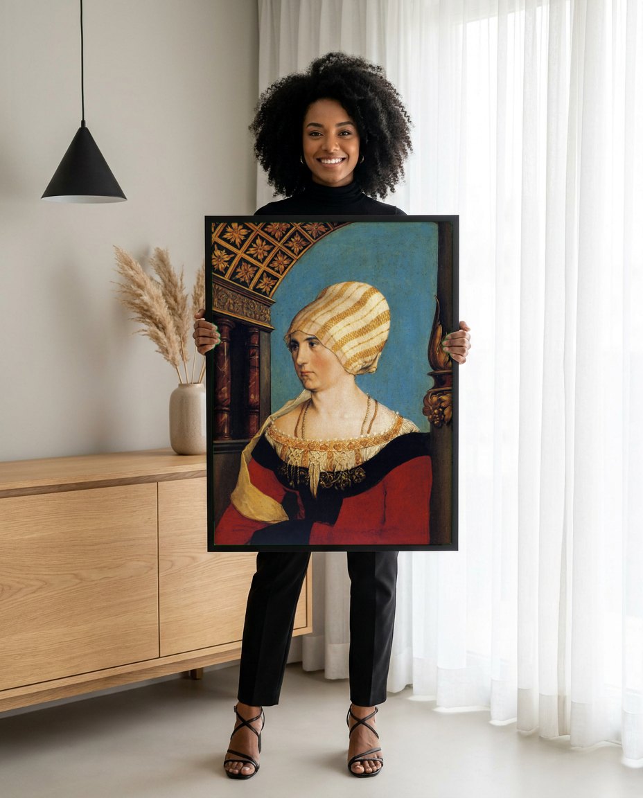 Quadro Decorativo A Dama com o Esquilo e o Estorninho - Hans Holbein | modelo apresentando o quadro emoldurado