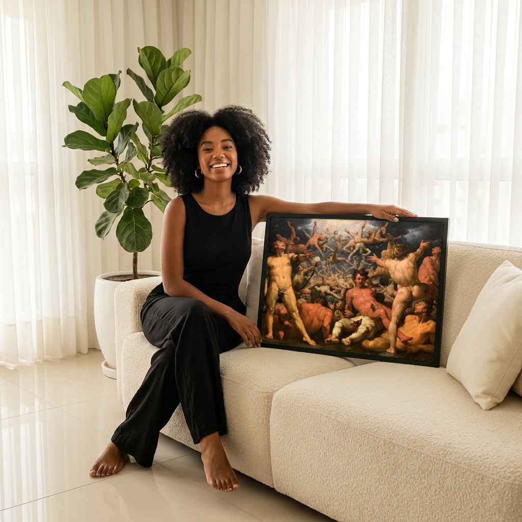 Quadro Decorativo A Queda dos Anjos Rebeldes - Rubens | modelo apresentando o quadro emoldurado