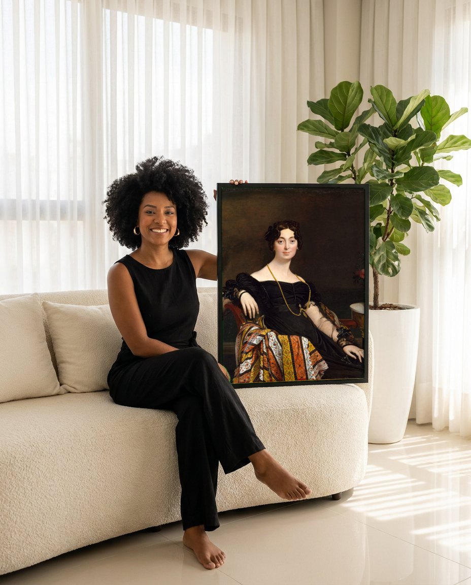 Quadro Decorativo Retrato da Condessa de Autremencourt - Ingres | modelo apresentando o quadro emoldurado
