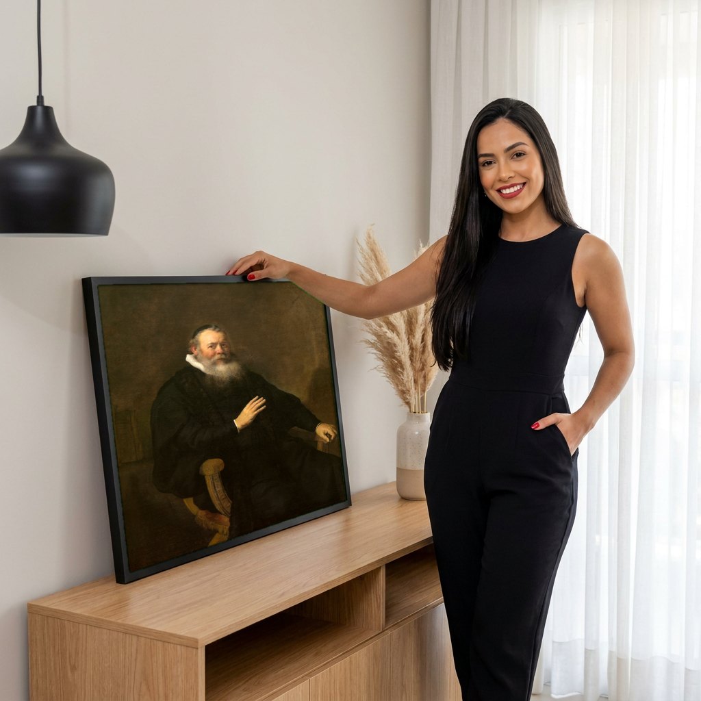 Quadro Decorativo Retrato de um Homem Sentado - Rembrandt | modelo apresentando o quadro emoldurado