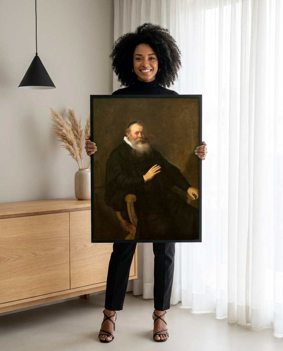 Quadro Decorativo Retrato de um Homem Sentado - Rembrandt | modelo apresentando o quadro emoldurado