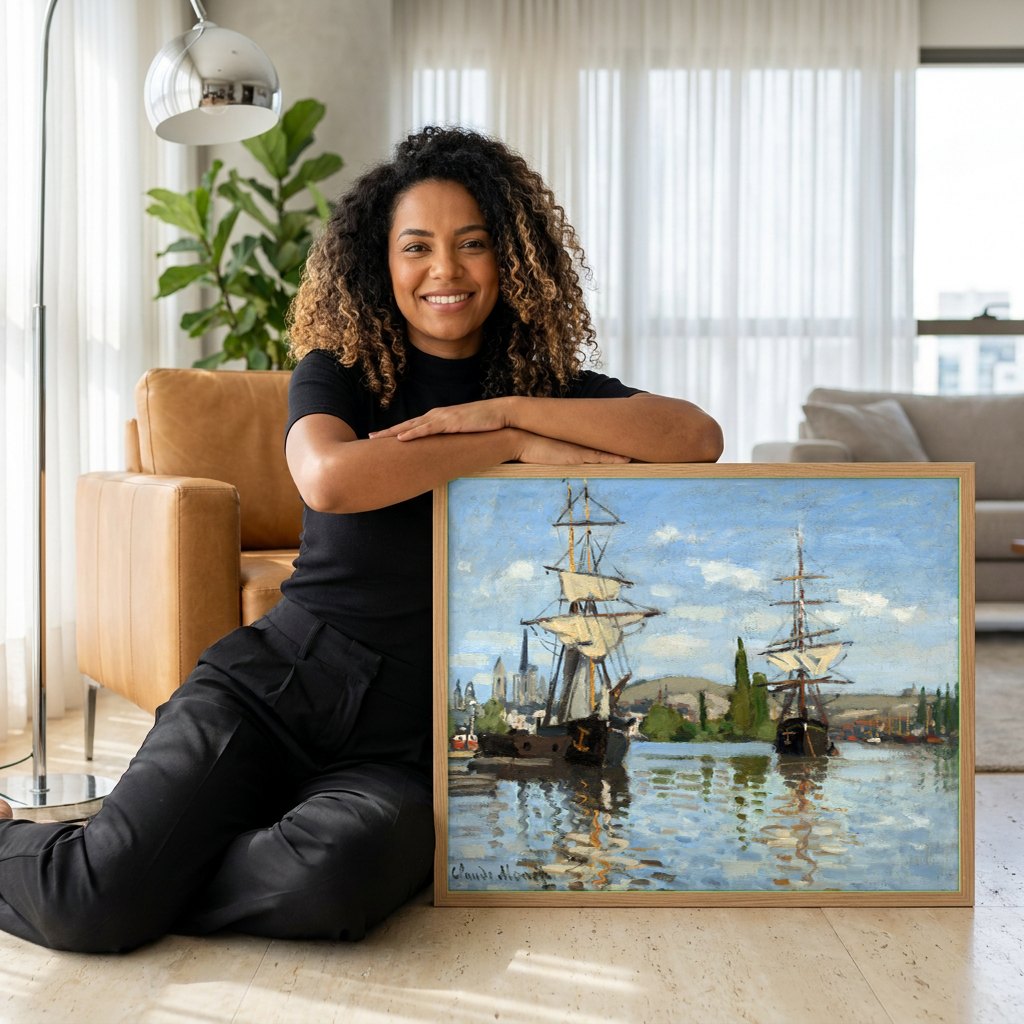 Quadro Decorativo Navios no Porto - Claude Monet | modelo apresentando o quadro emoldurado