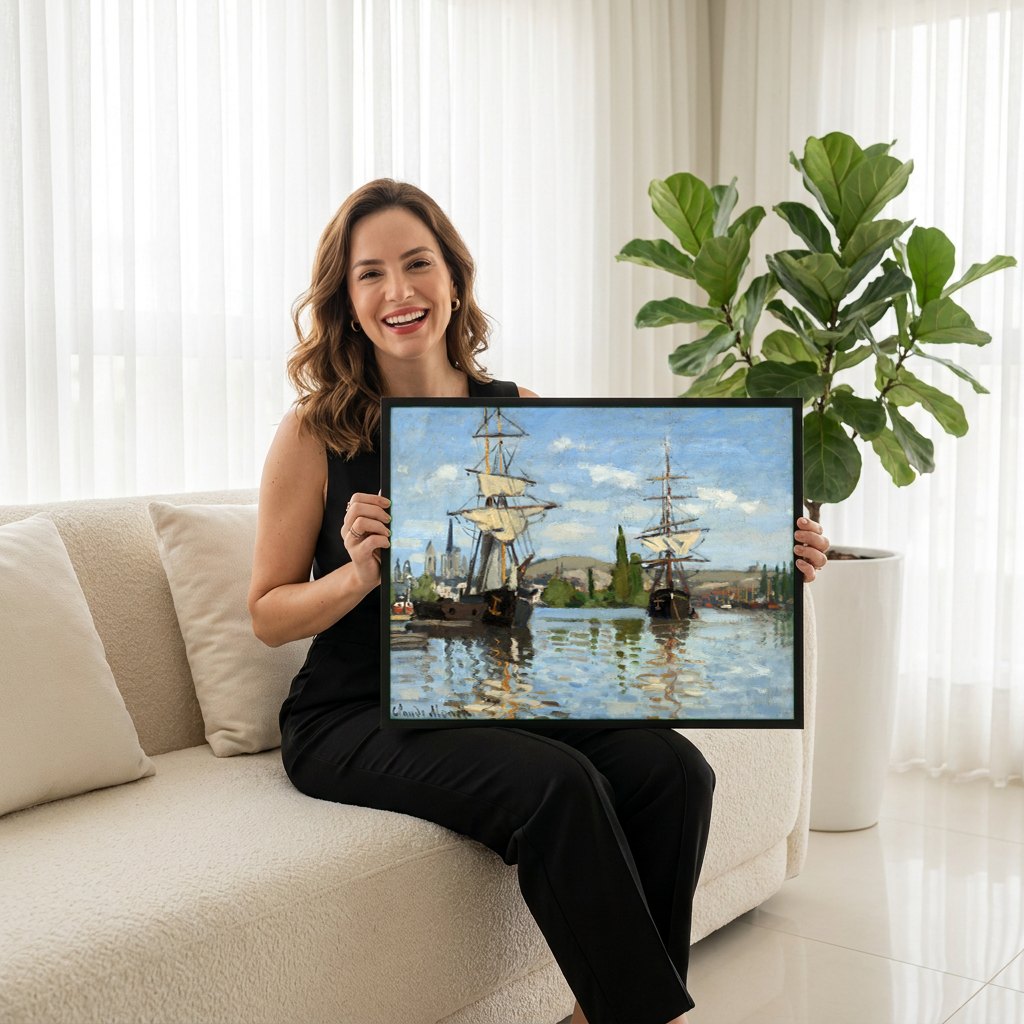Quadro Decorativo Navios no Porto - Claude Monet | modelo apresentando o quadro emoldurado