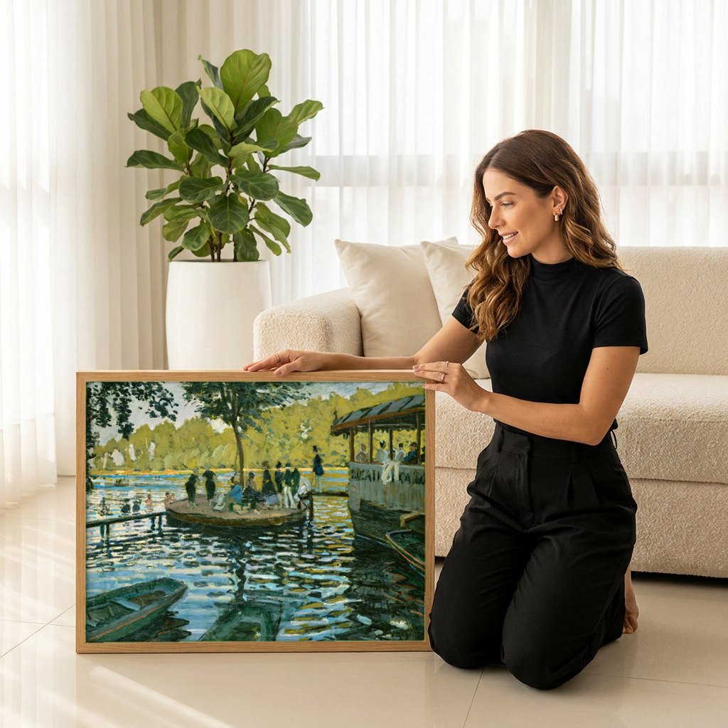 Quadro Decorativo La Grenouillère - Claude Monet | modelo apresentando o quadro emoldurado
