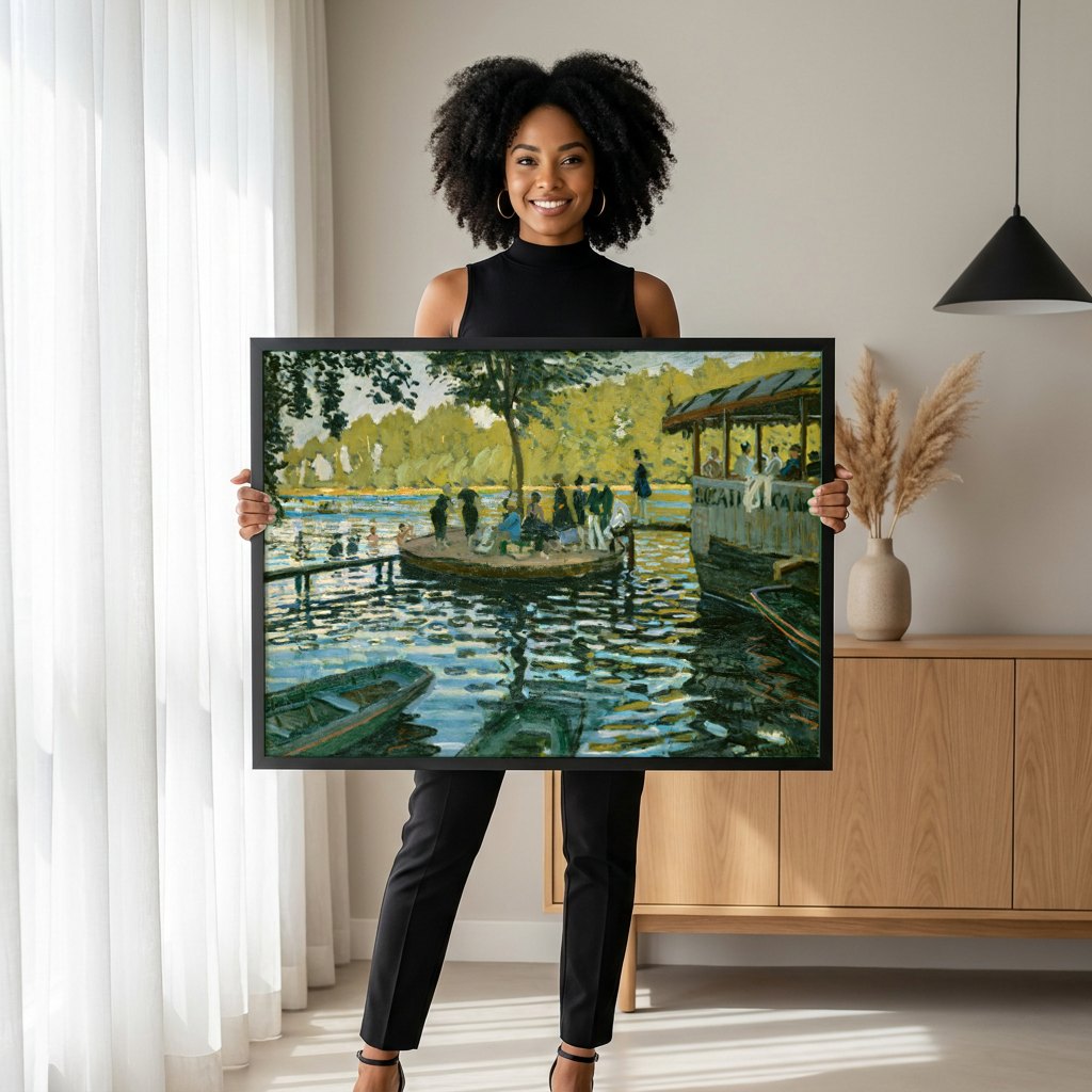 Quadro Decorativo La Grenouillère - Claude Monet | modelo apresentando o quadro emoldurado