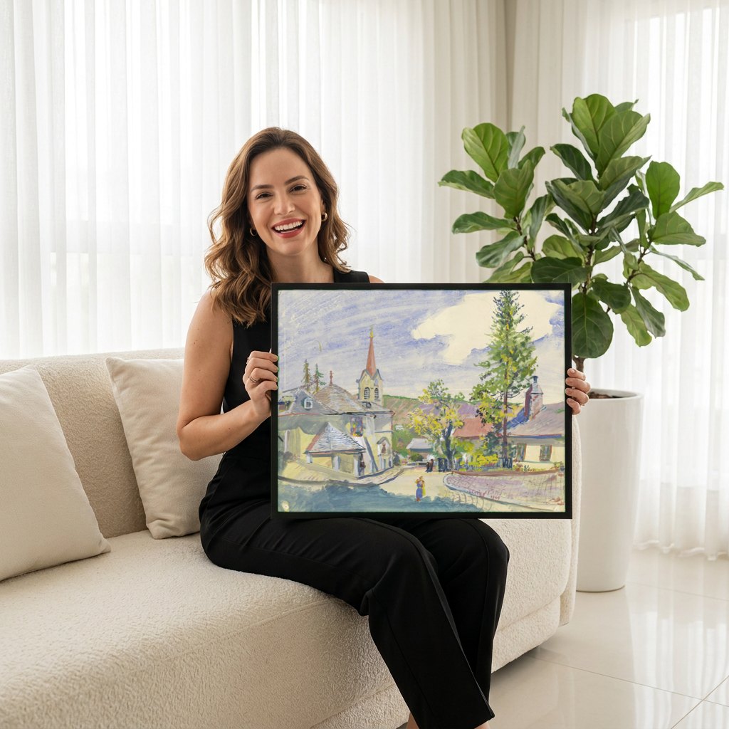 Quadro Decorativo Aldeia Alpina com Igreja - Oskar Laske | modelo apresentando o quadro emoldurado
