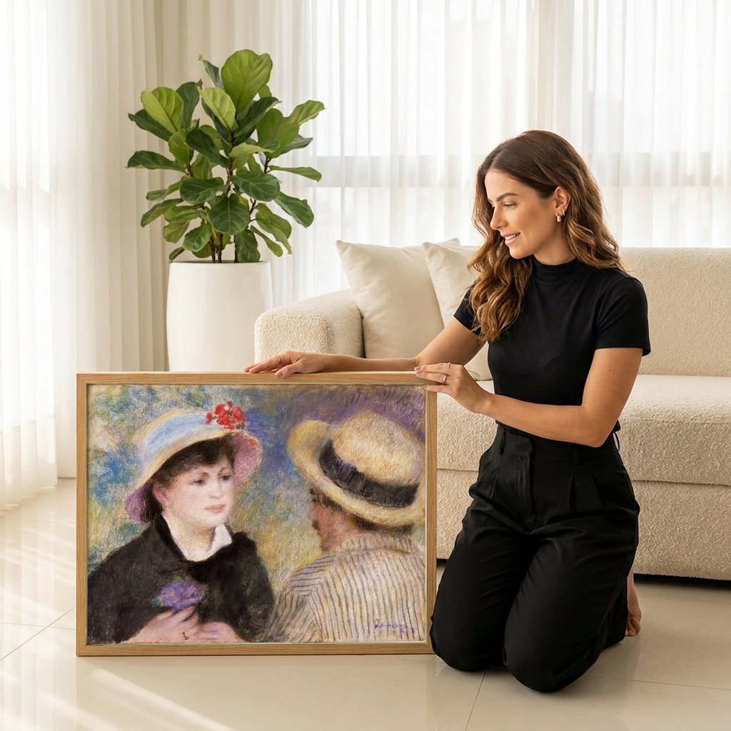Quadro Decorativo Duas Figuras com Chapéu - Renoir | modelo apresentando o quadro emoldurado