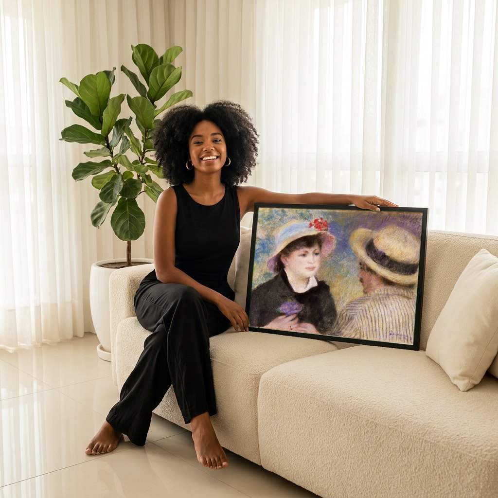 Quadro Decorativo Duas Figuras com Chapéu - Renoir | modelo apresentando o quadro emoldurado