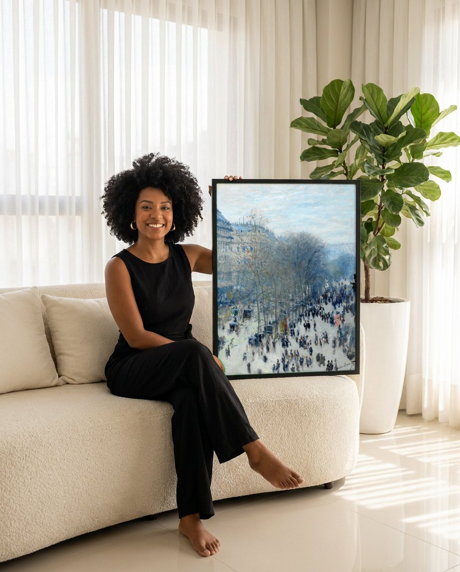 Quadro Decorativo Boulevard des Capucines - Claude Monet | modelo apresentando o quadro emoldurado