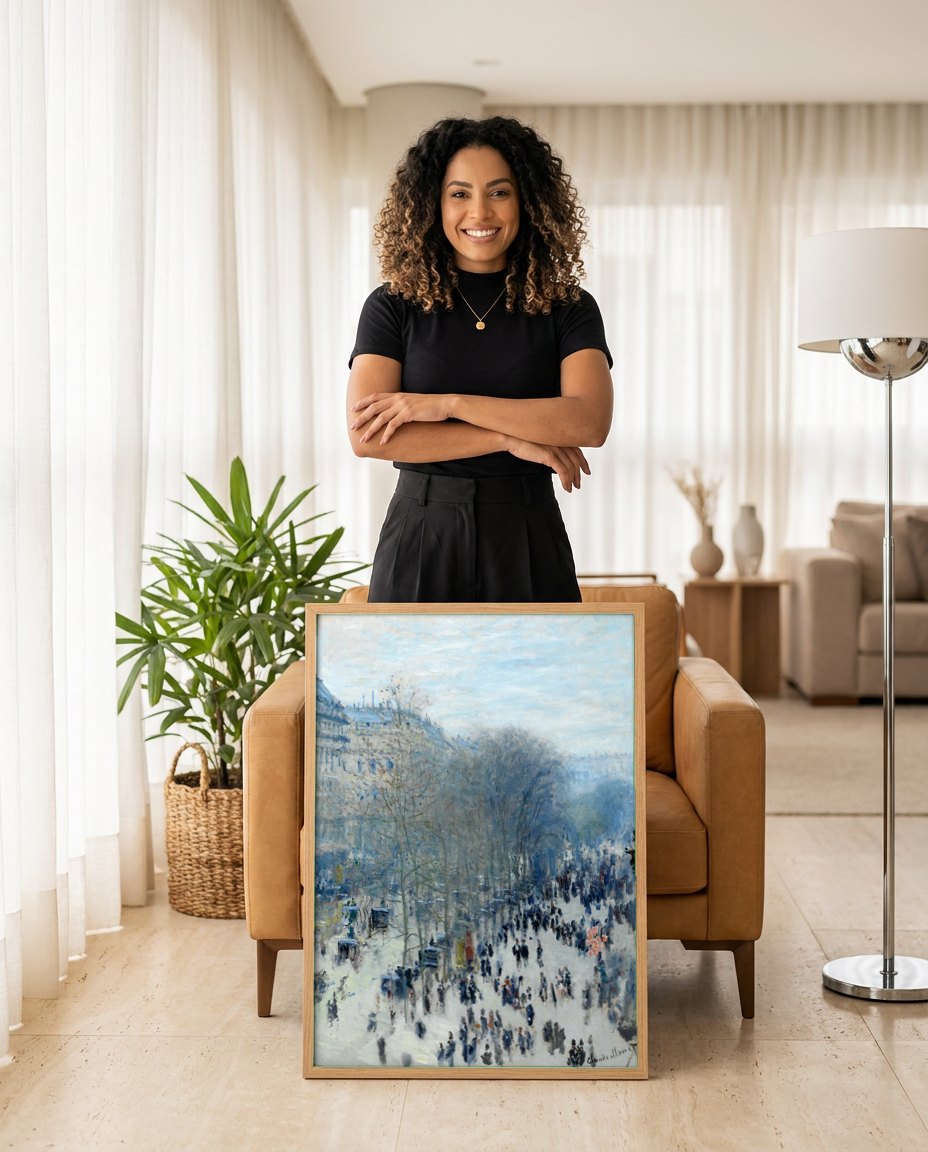Quadro Decorativo Boulevard des Capucines - Claude Monet | modelo apresentando o quadro emoldurado
