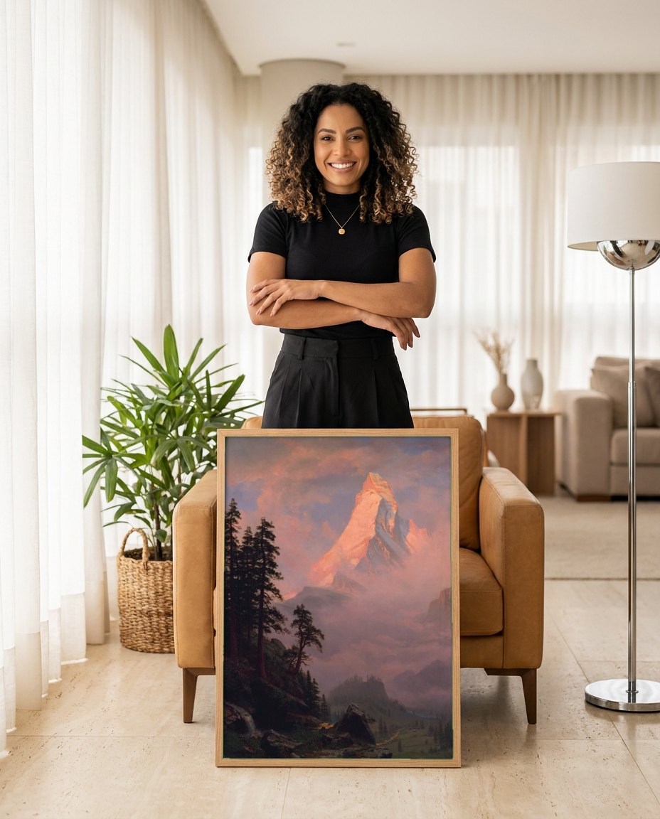 Quadro Decorativo Matterhorn ao Amanhecer - Albert Bierstadt | modelo apresentando o quadro emoldurado