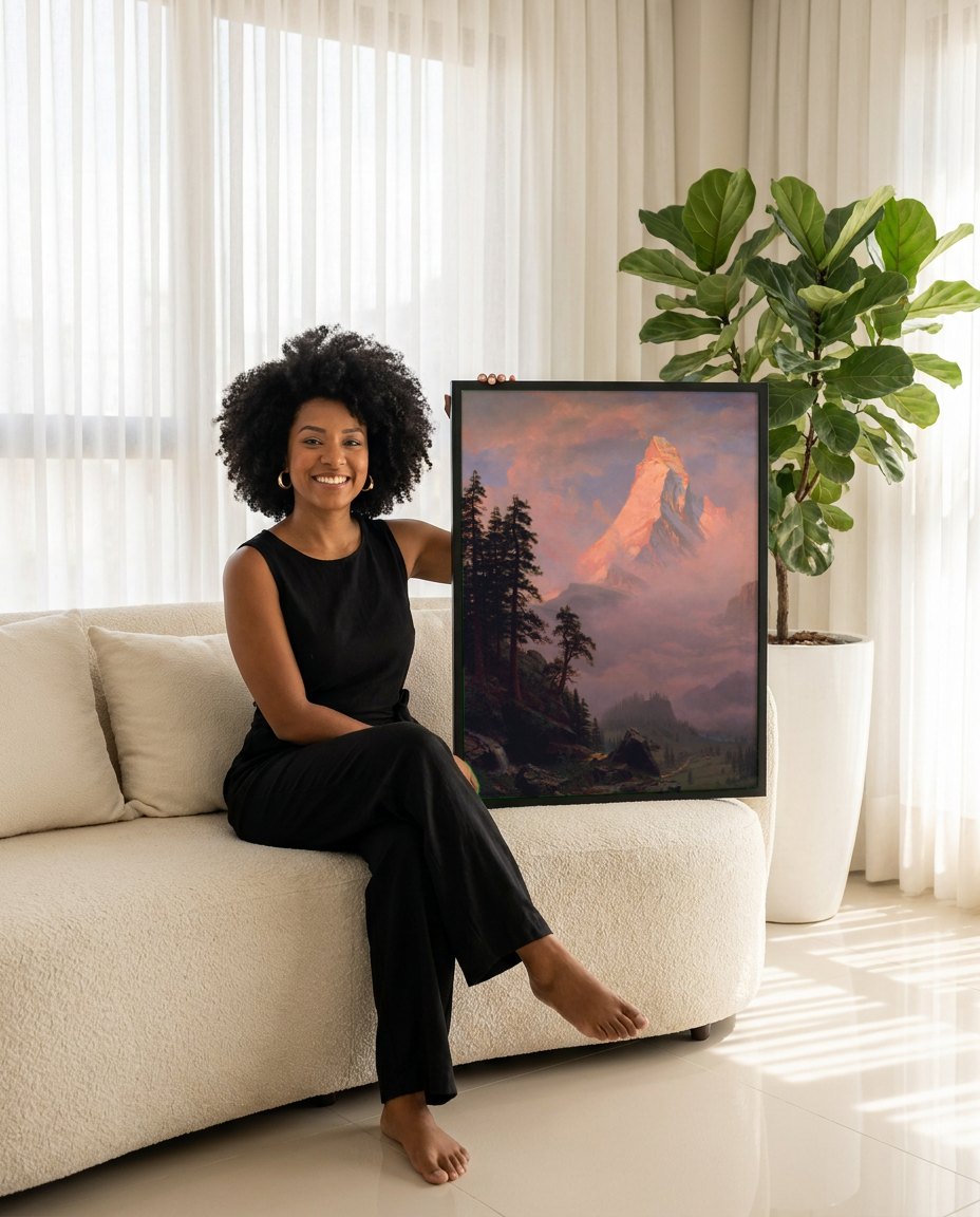 Quadro Decorativo Matterhorn ao Amanhecer - Albert Bierstadt | modelo apresentando o quadro emoldurado