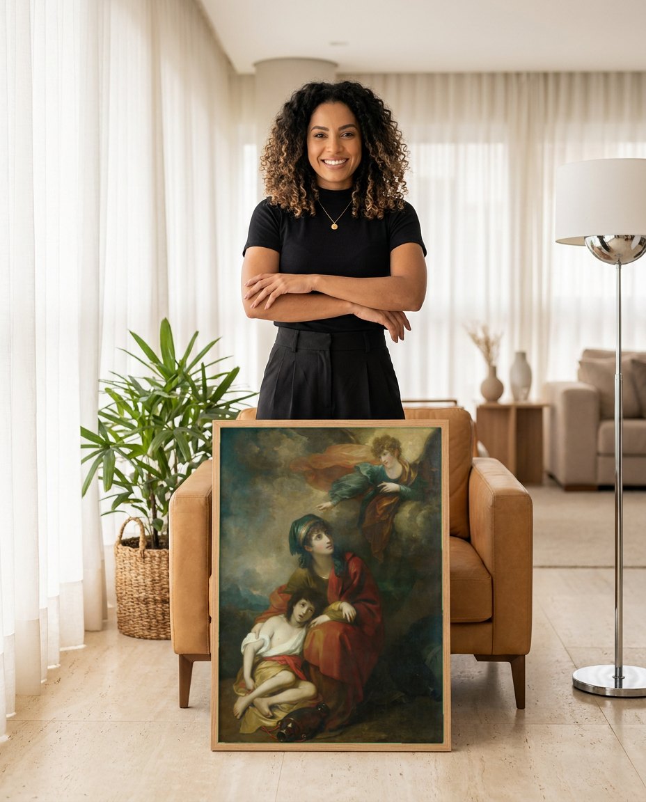 Quadro Decorativo Hagar e Ismael no Deserto - Benjamin West | modelo apresentando o quadro emoldurado