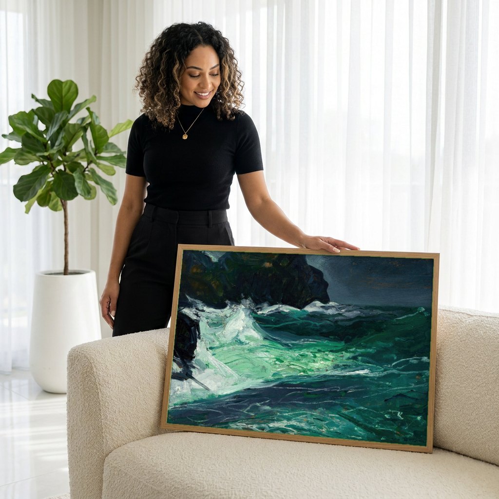 Quadro Decorativo Ondas Poderosas - George Bellows | modelo apresentando o quadro emoldurado