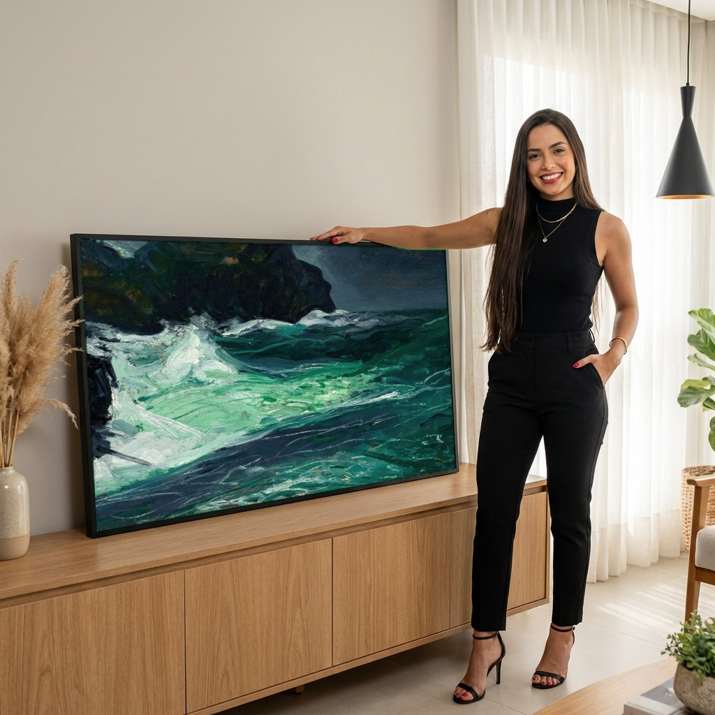 Quadro Decorativo Ondas Poderosas - George Bellows | modelo apresentando o quadro emoldurado