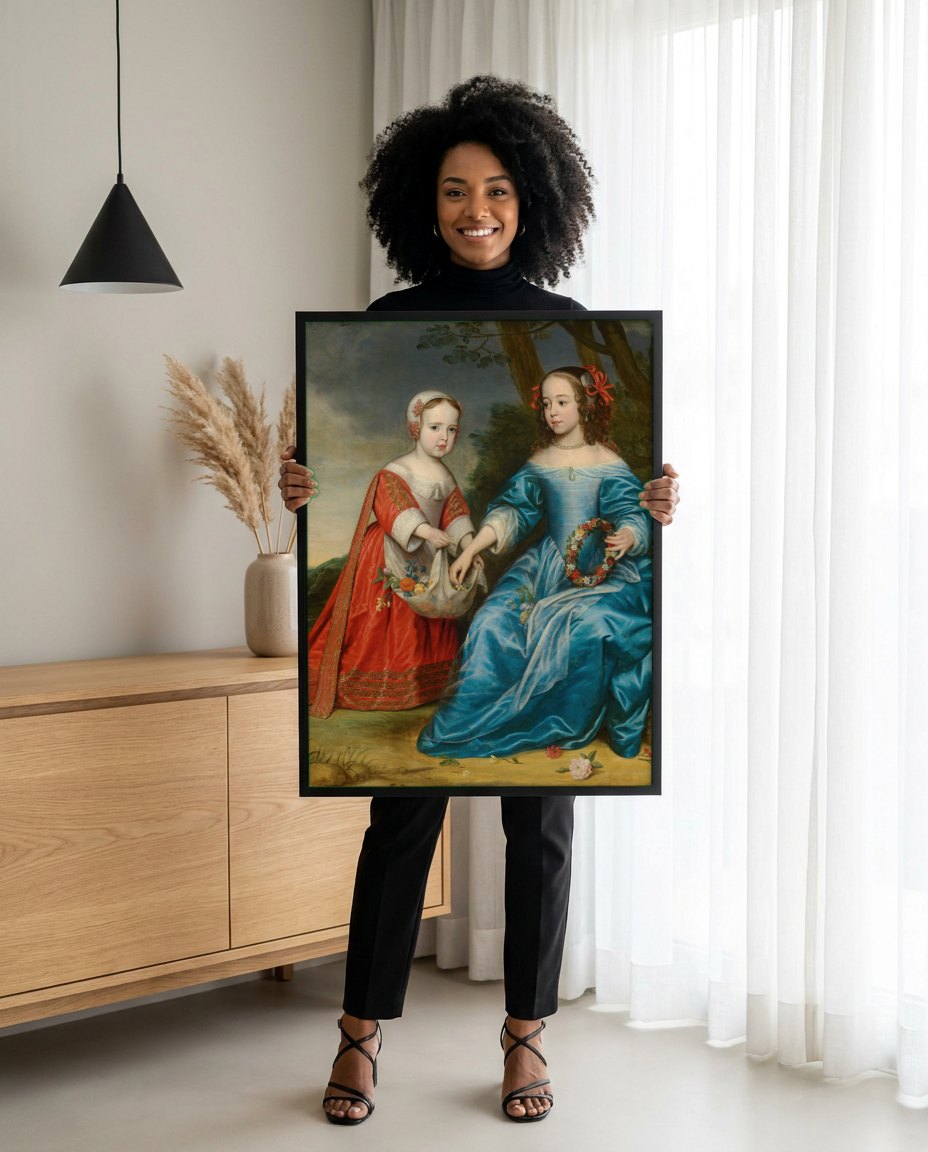 Quadro Decorativo Duas Meninas com Flores - G. van Honthorst | modelo apresentando o quadro emoldurado
