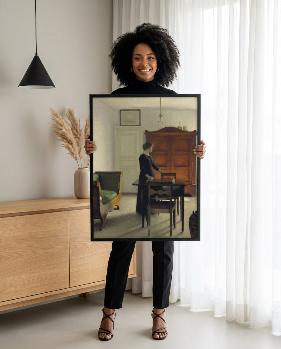 Quadro Decorativo Interior com Mulher e Armário - Hammershøi | modelo apresentando o quadro emoldurado