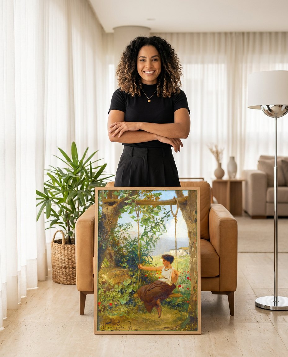 Quadro Decorativo A Jovem no Balanco - Siemiradzki | modelo apresentando o quadro emoldurado