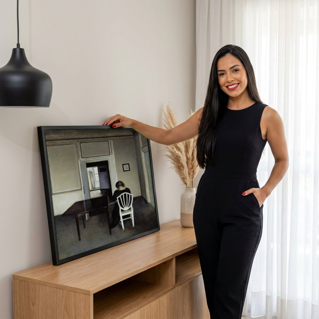Quadro Decorativo Interior com Mulher Sentada - Hammershøi | modelo apresentando o quadro emoldurado