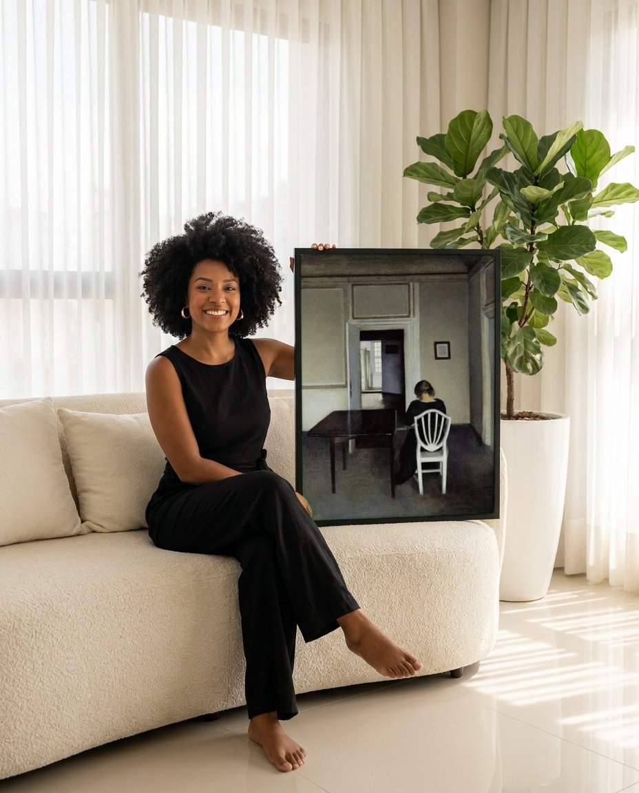 Quadro Decorativo Interior com Mulher Sentada - Hammershøi | modelo apresentando o quadro emoldurado