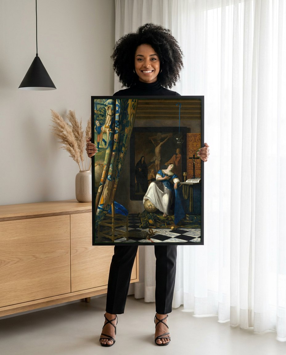 Quadro Decorativo A Alegoria da Fé - Vermeer | modelo apresentando o quadro emoldurado