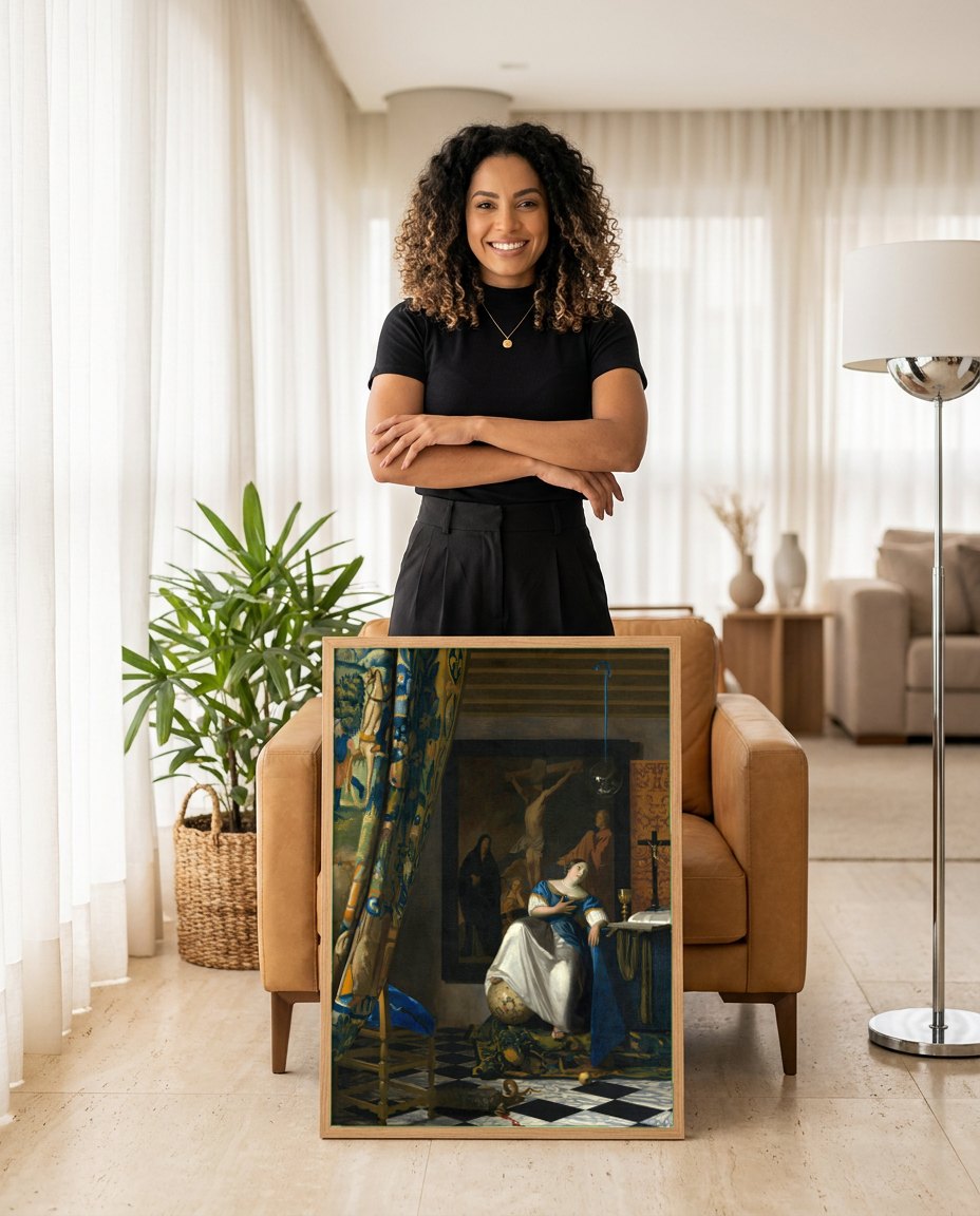 Quadro Decorativo A Alegoria da Fé - Vermeer | modelo apresentando o quadro emoldurado