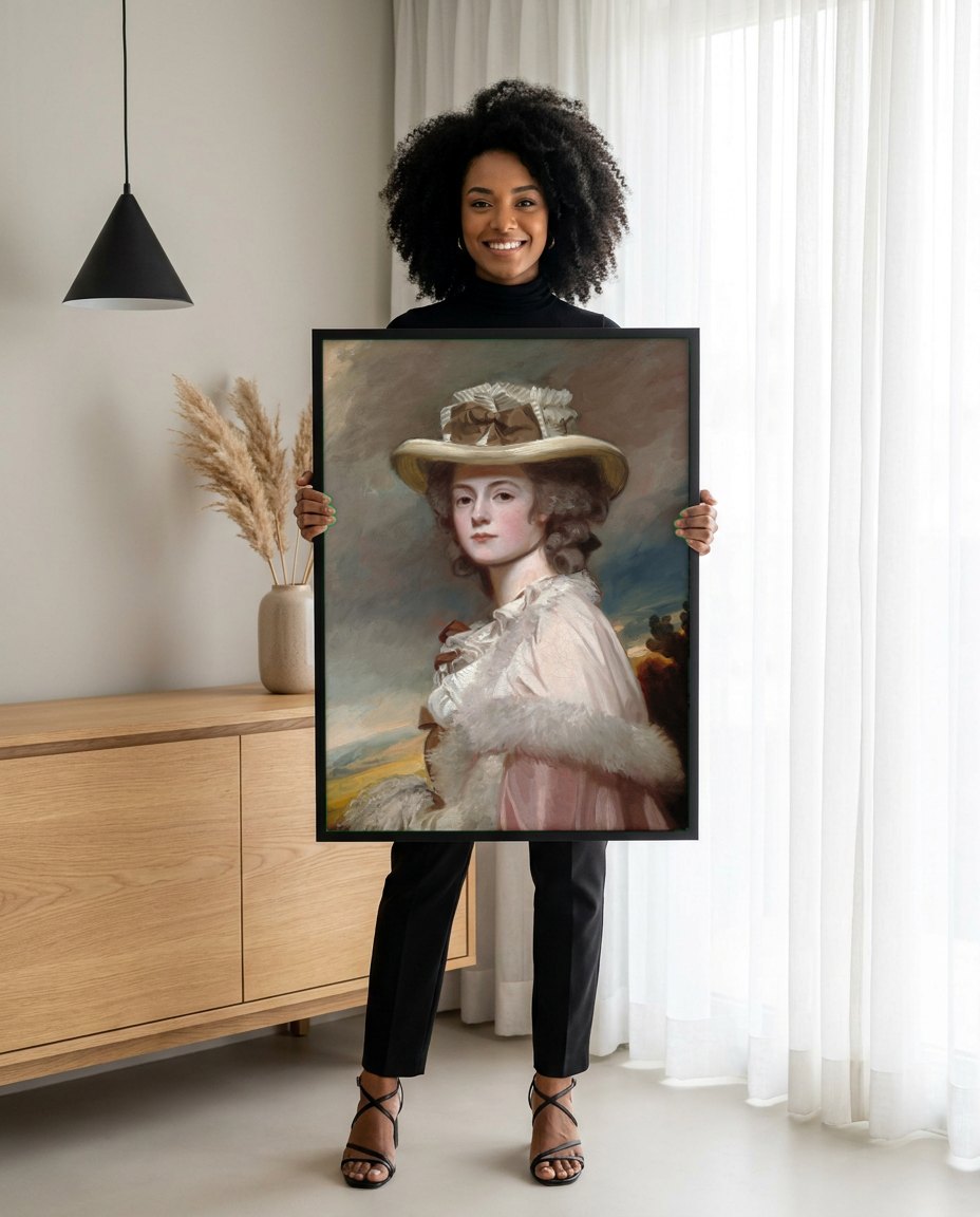 Quadro Decorativo Retrato de Dama - George Romney | modelo apresentando o quadro emoldurado